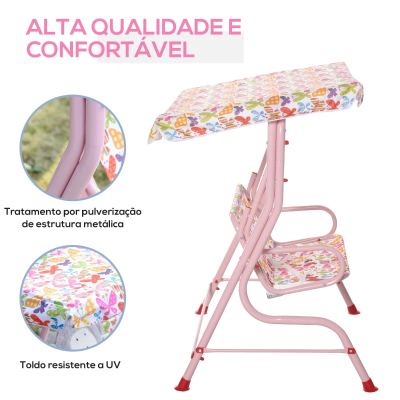 Outsunny Baloiço de Jardim Infantil de 2 Lugares com Toldo Ajustável em Ângulo e Cintos de Segurança ao Ar Livre 110x70x110 cm Rosa