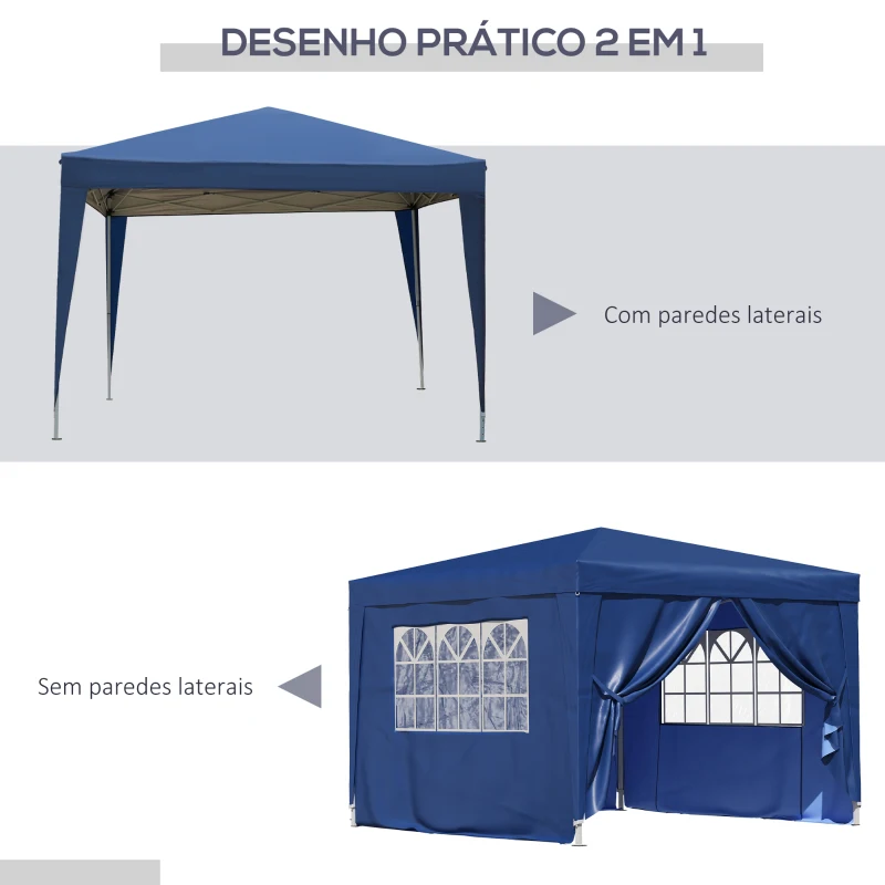 Outsunny Tenda de Jardim com Paredes Laterais Amovíveis Janelas Porta com Zíper e Bolsa de Transporte 295x295x195-258 cm Azul