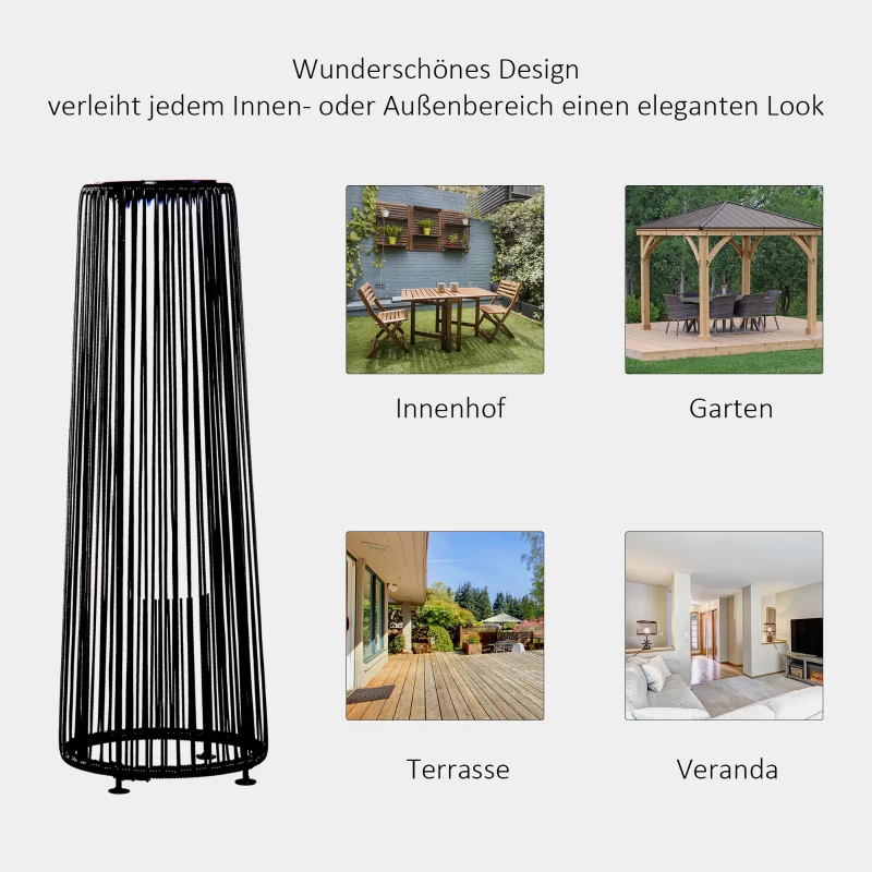 Outsunny Tuinlamp, Buitenlamp op Zonne-energie, 8 Uur Bedrijfstijd, Rotanlook, Zwart, 21,5 x 21,5 x 61 cm(m-7)