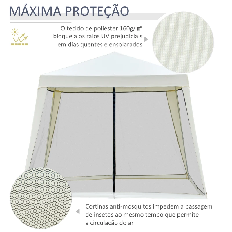 Outsunny Tenda de Jardim 3x3m Tenda com 4 Partes Laterais Rede Mosquiteira com Zíper Proteção UV para Patio Bege