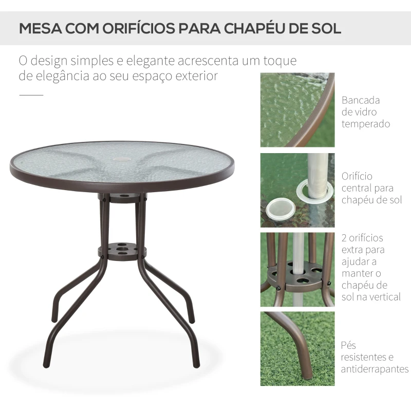 Outsunny Conjunto de Jardim Refeição 6 Peças com 4 Cadeiras Dobráveis Mesa com Bancada de Vidro e Chapéu de Sol Bege