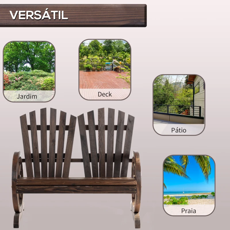 Outsunny Banco de jardim de madeira de 2 lugares com apoio de braços em forma de roda para varanda 108x66x95 cm marrom rústico