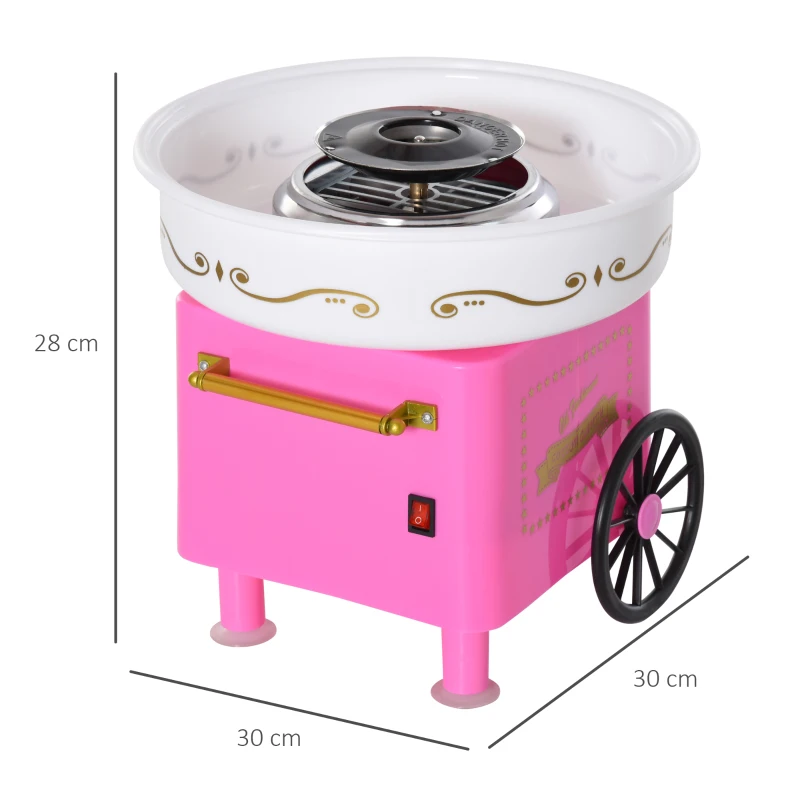HOMCOM Máquina de Algodão Doce Estilo Retrô Potência 450W-550W Doce com Colher Medidora e 10 Palitos de Bambu 30x30x28cm Rosa
