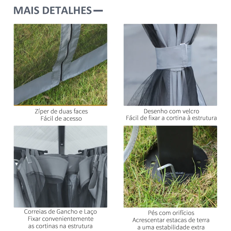 Outsunny Pérgola de jardim 3x3 m com telhado de policarbonato 4 cortinas laterais e 4 redes mosquiteiras com zíper de estrutura metálica Multicolor