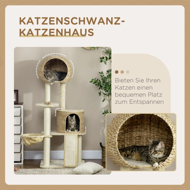 PawHut kattenboom, met kattenhuis, meerdere platforms, hangmat, krasmat, kantelbescherming, beige, 60 x 60 x 150 cm
