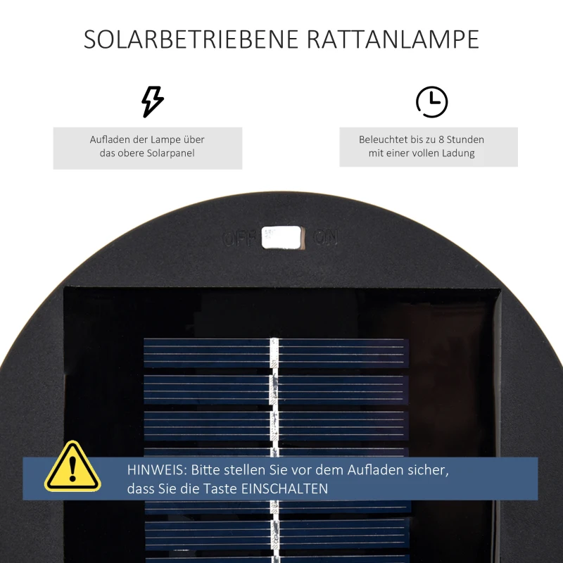 Outsunny Tuinlamp, Buitenlamp op Zonne-energie, 8 Uur Bedrijfstijd, Rotanlook, Zwart, 21,5 x 21,5 x 61 cm(m-5)