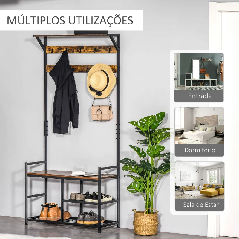 HOMCOM Móvel Cabide de Entrada com 3 Prateleiras 9 Ganchos Armário de Entrada com Cabides de Estilo Industrial 84x34,5x180cm Marrom