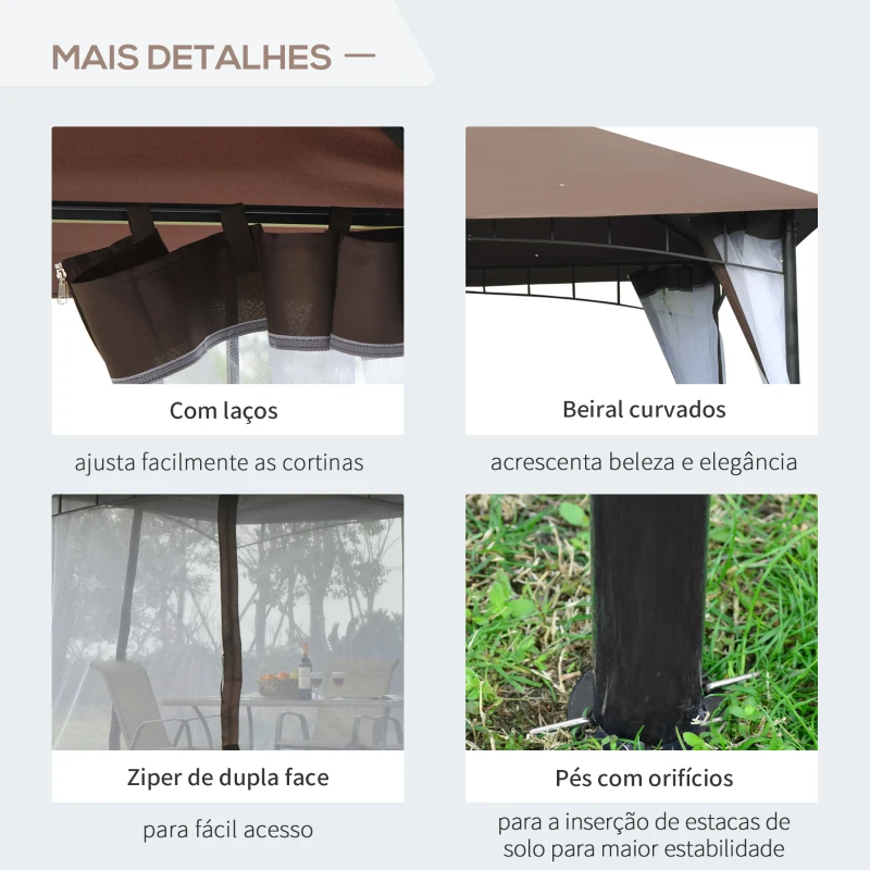 Outsunny Pérgola de Jardim Pérgola com Teto Duplo e Rede Mosquiteira com Zíper 295x295x270 cm Marrom e Branco