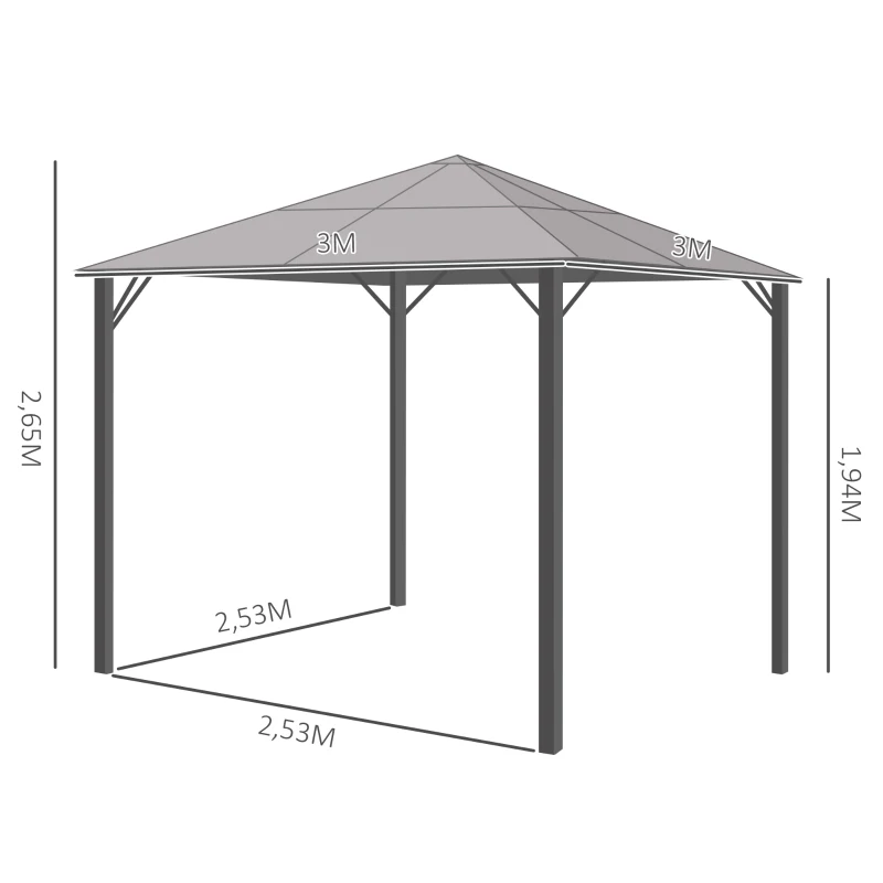 Outsunny Pérgola de jardim 3x3 m com telhado de policarbonato 4 cortinas laterais e 4 redes mosquiteiras com zíper de estrutura metálica Multicolor