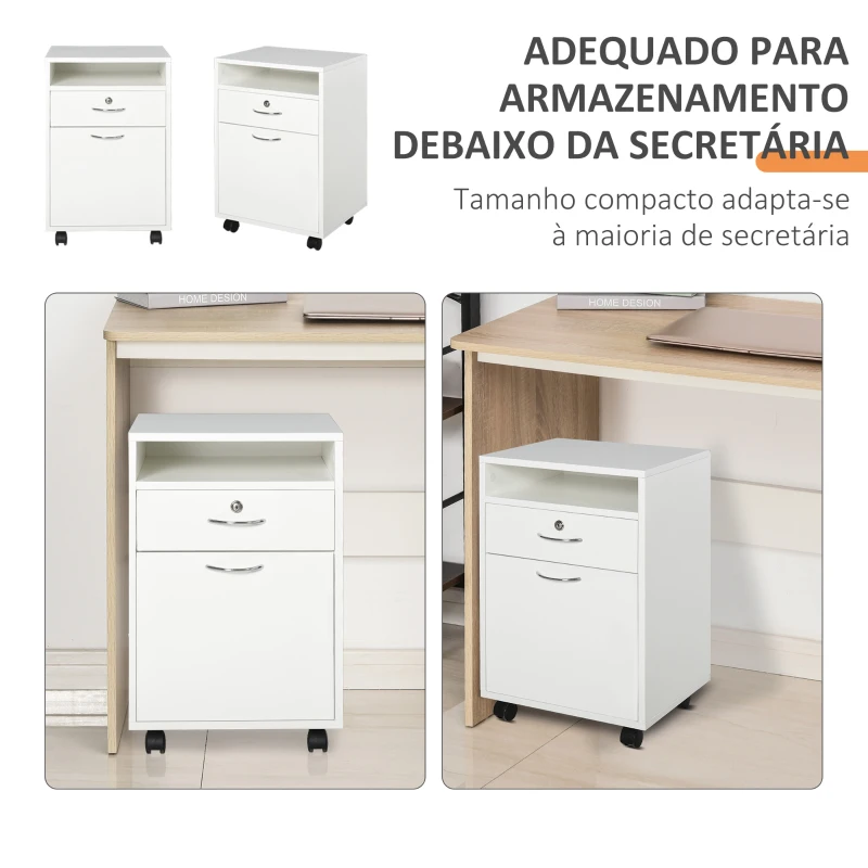 HOMCOM Bloco de Gavetas de Escritório com 4 Rodas Fechadura Prateleira Aberta e Armário 40x35x60 cm Branco