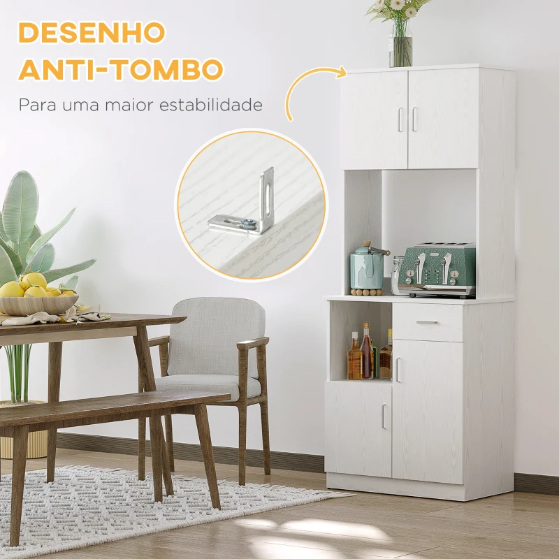 HOMCOM Armário de Cozinha Armário Alto de Cozinha com Gaveta Prateleira Aberta e 3 Armários com Prateleira Ajustável 71x71x178 cm Branco