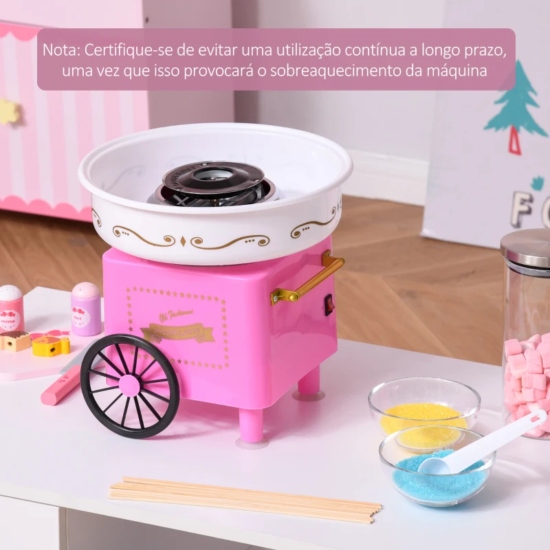 HOMCOM Máquina de Algodão Doce Estilo Retrô Potência 450W-550W Doce com Colher Medidora e 10 Palitos de Bambu 30x30x28cm Rosa