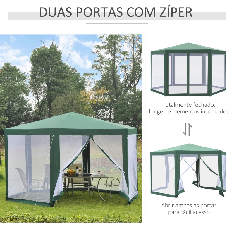 Outsunny Tenda Hexagonal Tenda de Jardim com Rede Mosquiteira Portas com Zíper e Orifícios de Drenagem 197x250 cm Verde