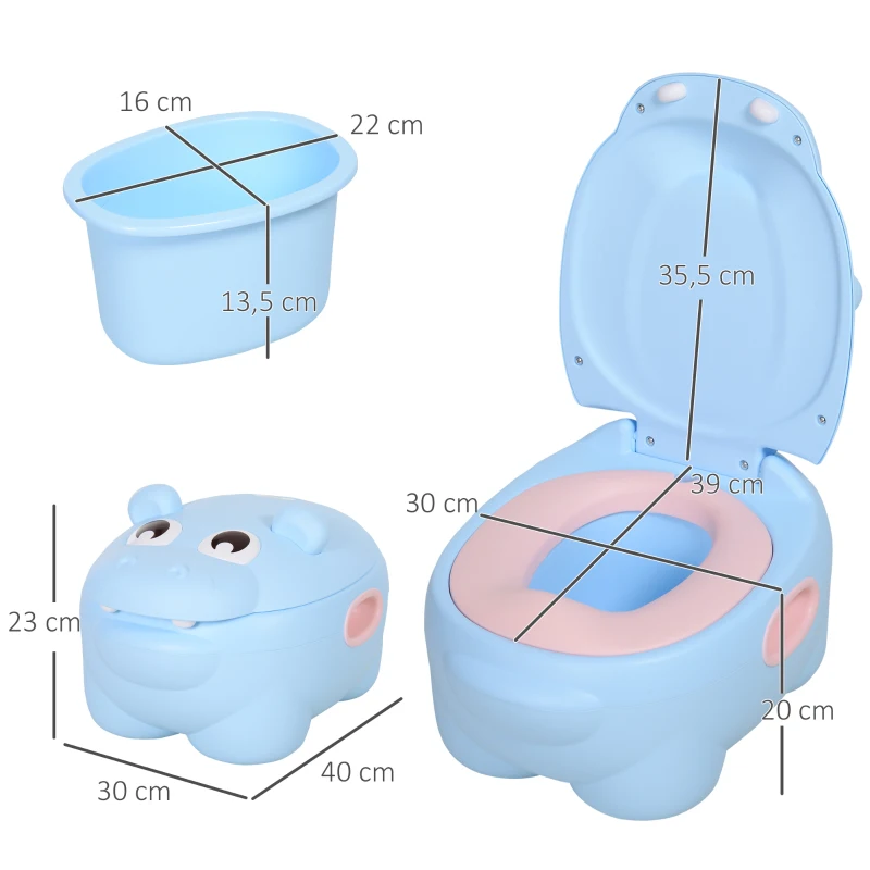 HOMCOM Bacio para Bebé em Forma de Hipopótamo 2 em 1 com Cubo Amovível e Escova de Limpeza 40x30x23 cm Azul