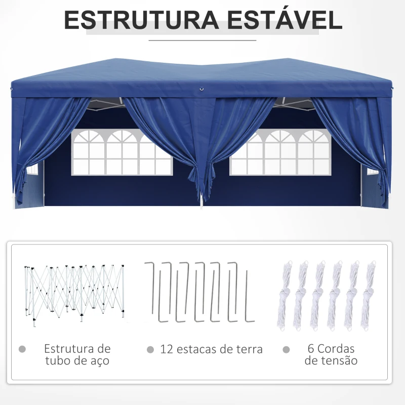 Outsunny Tenda para Festas com Paredes Laterais Amovíveis 2 Portas com Zíper 4 Janelas e Bolsa de Transporte 591x297x255 cm Azul