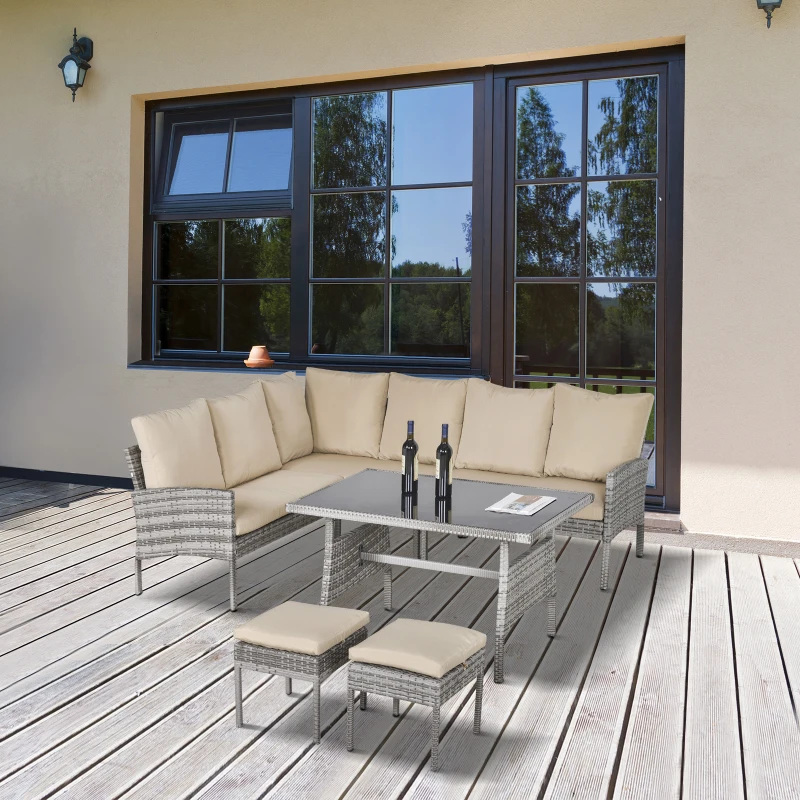 Outsunny Conjunto de móveis de jardim de 6 peças de vime Conjunto de sofá de 2 lugares Banco e mesa de jantar com almofadas acolchoadas Varanda cinza e Cáqui