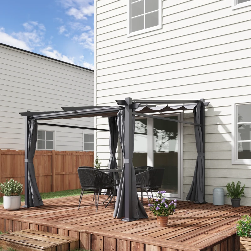 Outsunny paviljoen 3x3 met zonnekap en zijpanelen voor barbecue party, Donkergrijs