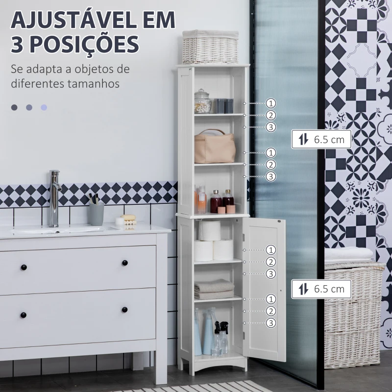 kleankin Coluna Casa de Banho com 3 Compartimentos de Armazenamento Porta e Prateleiras Ajustáveis 34x23x165cm Branco