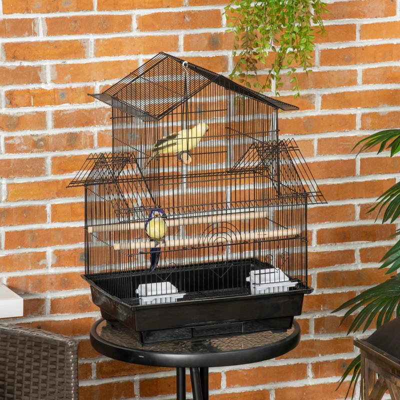 PawHut Metal Bird Cage with Plastic Swing Perch Food Container Tray Handle for Finch Canary Budgie 50.5 x 40 x 63cm Black