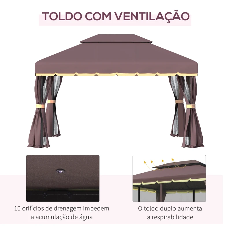 Outsunny Pérgola de Jardim 3,9x2,9m Pérgola de Alumínio com Teto de Ventilação 4 Cortinas Laterais Tela Mosquiteira e 8 Orifícios de Drenagem para Exterior Pátio Festas Marrom