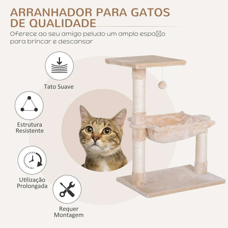 PawHut Árvore Arranhador para Gatos Torre para Gatos 50x36x70 cm com Rede Plataforma Poste de Sisal e Bola Suspensa Bege