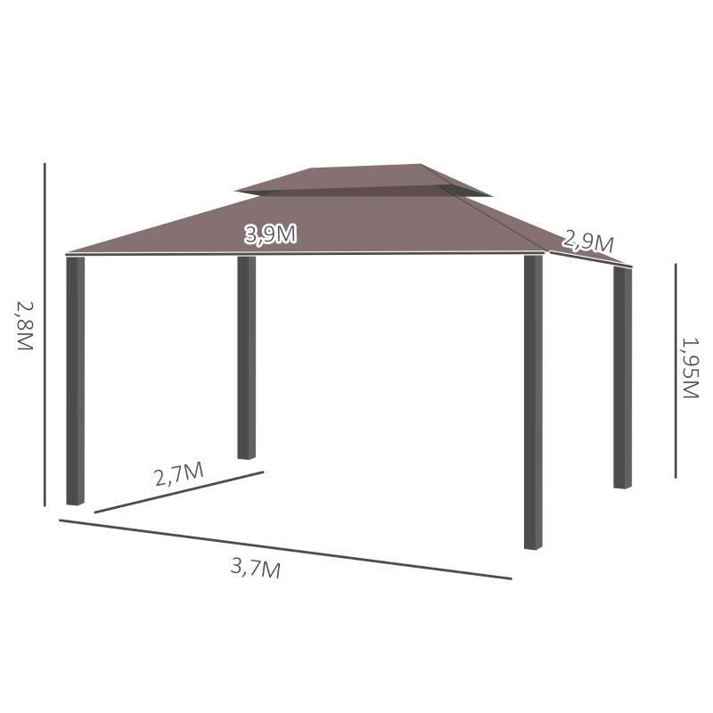 Outsunny Pérgola de Jardim 3,9x2,9m Pérgola de Alumínio com Teto de Ventilação 4 Cortinas Laterais Tela Mosquiteira e 8 Orifícios de Drenagem para Exterior Pátio Festas Marrom