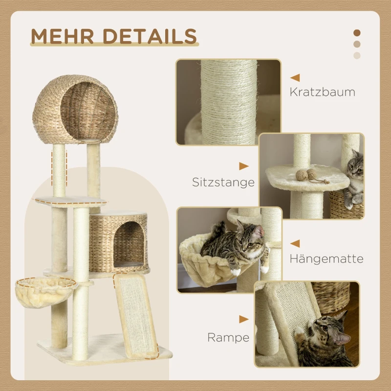 PawHut kattenboom, met kattenhuis, meerdere platforms, hangmat, krasmat, kantelbescherming, beige, 60 x 60 x 150 cm