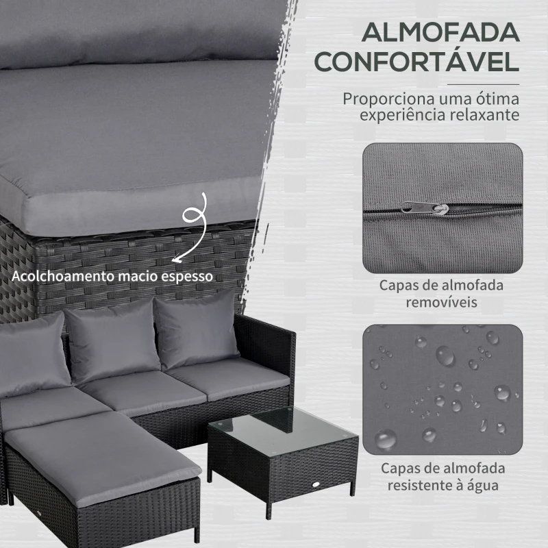 Outsunny Conjunto de móveis de jardim 4 peças sofá duplo de vime mesa de centro banquinho com almofadas acolchoadas para ar livre estrutura de metal Preto