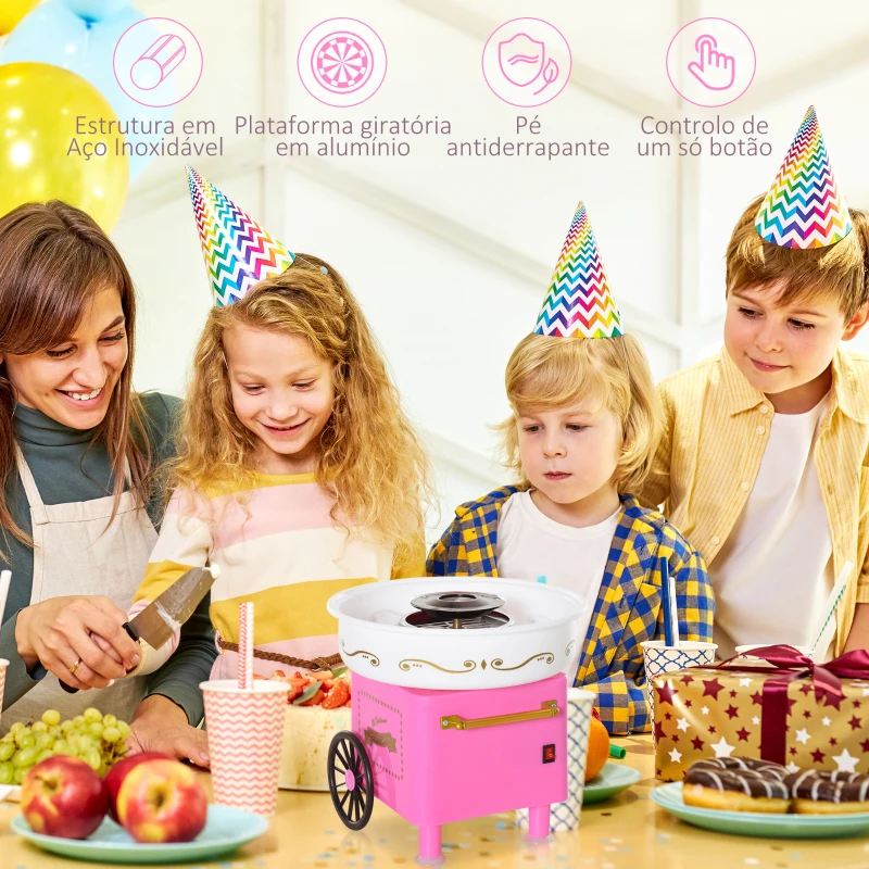 HOMCOM Máquina de Algodão Doce Estilo Retrô Potência 450W-550W Doce com Colher Medidora e 10 Palitos de Bambu 30x30x28cm Rosa