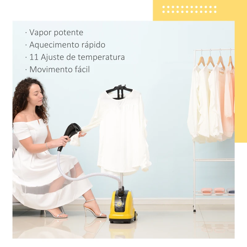 HOMCOM Ferro de Engomar a Vapor com Depósito de 1,4L e Temperatura Ajustável em 11 Níveis 26x21,5x146cm Amarelo e Preto