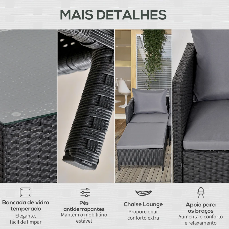 Outsunny Conjunto de móveis de jardim 4 peças sofá duplo de vime mesa de centro banquinho com almofadas acolchoadas para ar livre estrutura de metal Preto