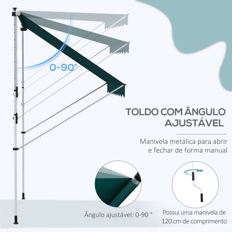 Outsunny Toldo Manual Retrátil 200x150 cm com Manivela de Alumínio Ângulo Ajustável Proteção Solar para Varanda Jardim Pátio Verde