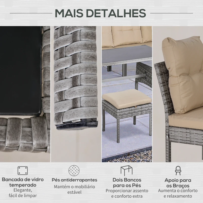 Outsunny Conjunto de móveis de jardim de 6 peças de vime Conjunto de sofá de 2 lugares Banco e mesa de jantar com almofadas acolchoadas Varanda cinza e Cáqui