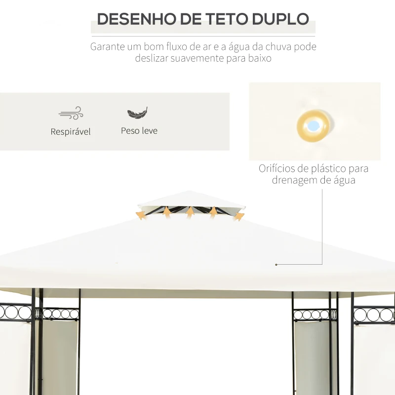 Outsunny Pérgola de Jardim 300x300x265 cm com Duplo Teto e Estrutura de Aço Proteção Solar para Festas Eventos ao Ar Livre Creme