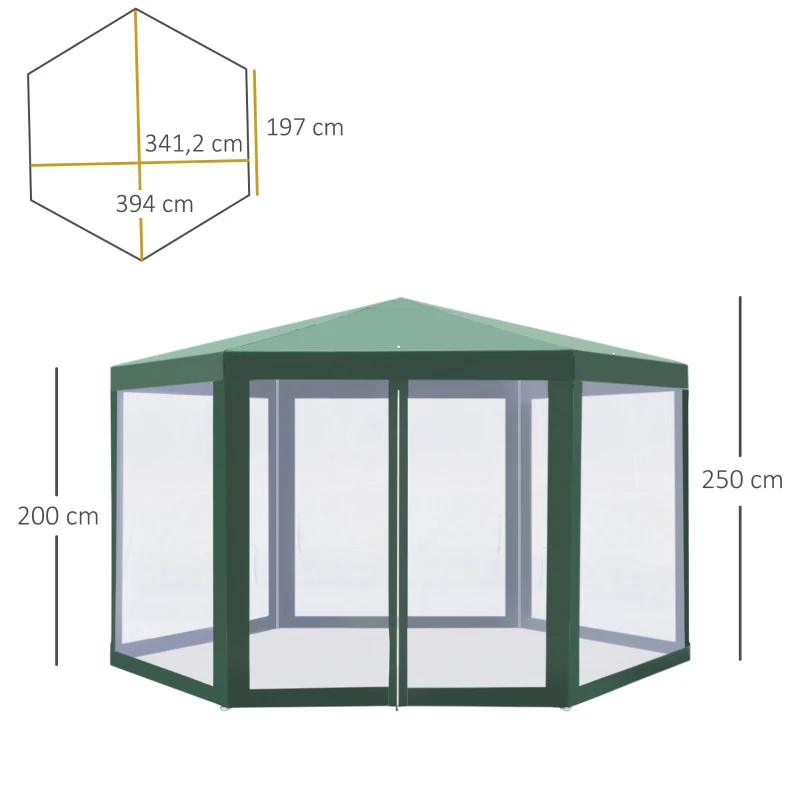 Outsunny Tenda Hexagonal Tenda de Jardim com Rede Mosquiteira Portas com Zíper e Orifícios de Drenagem 197x250 cm Verde