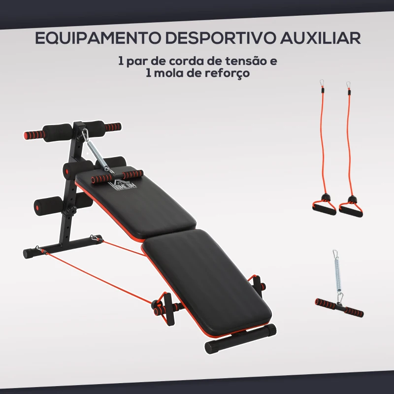 HOMCOM Banco de Abdominais Dobrável Ajustável em Altura com Cordas Elásticas 137x51x50-66 cm Preto e Vermelho