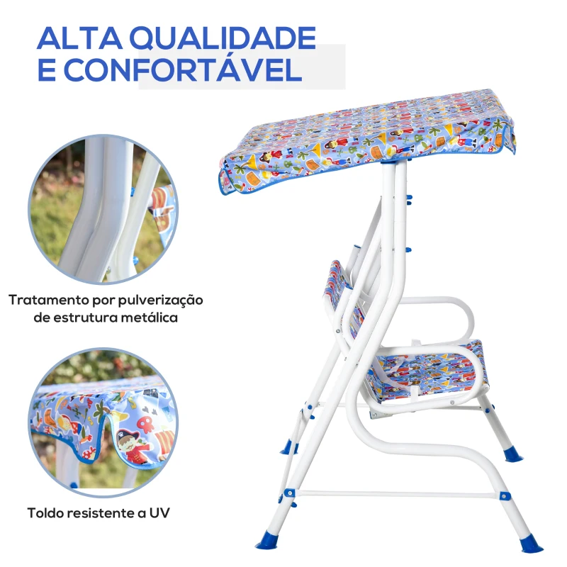 Outsunny Baloiço de Jardim Infantil de 2 Lugares com Toldo Ajustável em Ângulo e Cintos de Segurança ao Ar Livre 110x70x110 cm Azul