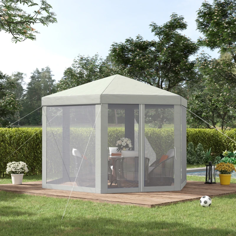 Outsunny Tenda Hexagonal Tenda de Jardim com Rede Mosquiteira Portas com Zíper e Orifícios de Drenagem 197x250 cm Creme