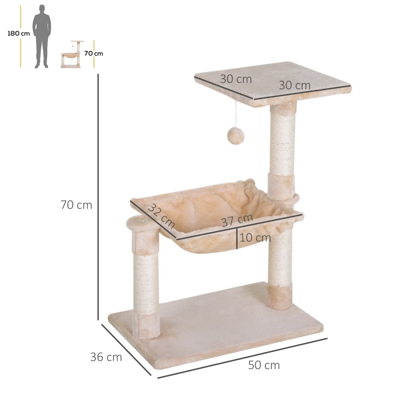 PawHut Árvore Arranhador para Gatos Torre para Gatos 50x36x70 cm com Rede Plataforma Poste de Sisal e Bola Suspensa Bege