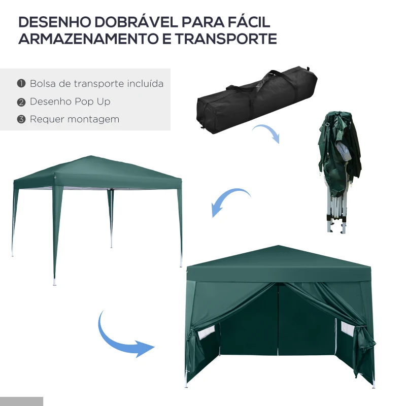 Outsunny Tenda de Jardim com Paredes Laterais Amovíveis Janelas Porta com Zíper e Bolsa de Transporte 295x295x195-258 cm Verde