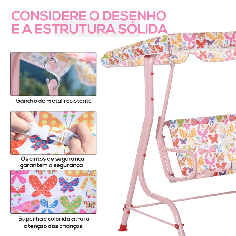 Outsunny Baloiço de Jardim Infantil de 2 Lugares com Toldo Ajustável em Ângulo e Cintos de Segurança ao Ar Livre 110x70x110 cm Rosa