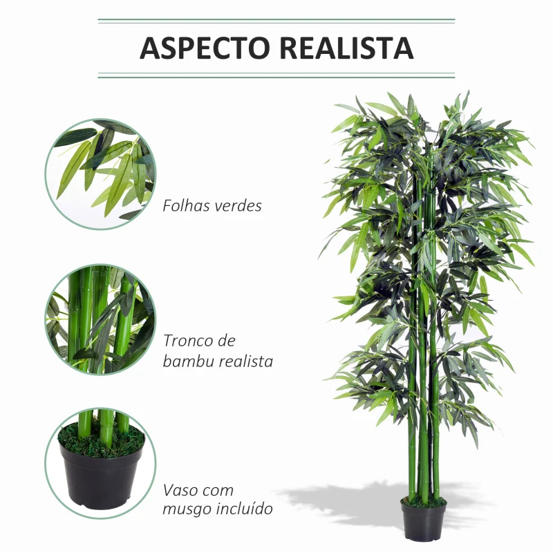 Outsunny Bambú Artificial 180cm com Ramos Realistas Planta Sintética Decorativa com Vaso para Sala de Estar Escritório Ø20x180cm Verde
