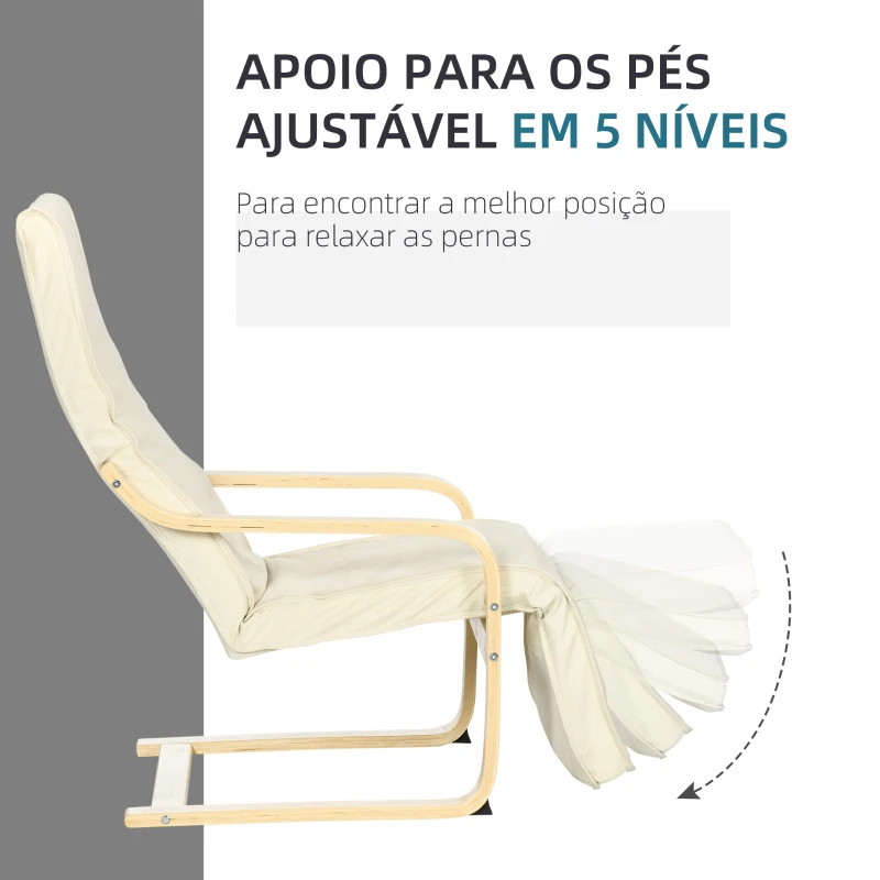 HOMCOM Poltrona Relax com Apoio para os Pés Ajustável Estofada em Tecido com Estrutura de Madeira 66,5x94x100 cm Creme