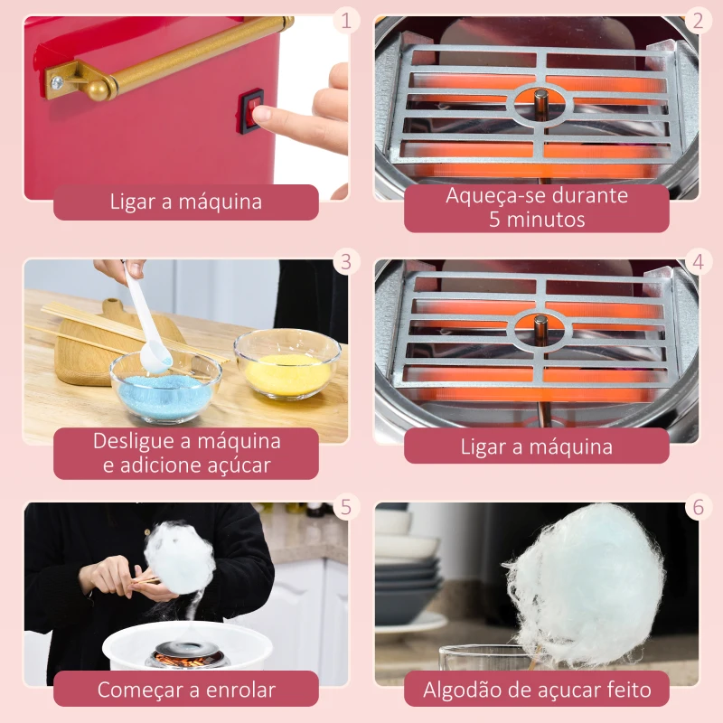 HOMCOM Máquina de Algodão Doce Estilo Retrô Potência 450W-550W Doce com Colher Medidora e 10 Palitos de Bambu 30x30x28cm Vermelha