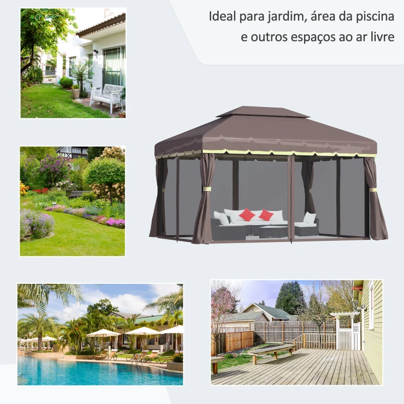 Outsunny Pérgola de Jardim 3,9x2,9m Pérgola de Alumínio com Teto de Ventilação 4 Cortinas Laterais Tela Mosquiteira e 8 Orifícios de Drenagem para Exterior Pátio Festas Marrom