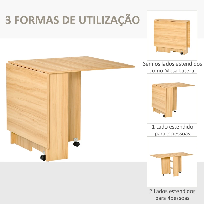 HOMCOM Mesa de Sala de Jantar Dobrável com Rodas Mesa Multifuncional para Sala de Jantar com 3 Formas 140x80x74cm Madeira