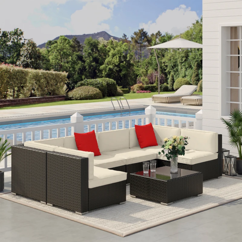 Outsunny Conjunto de móveis de jardim de vime 7 peças Conjunto de sofás de pátio com 1 mesa de centro almofada  incluída Estrutura de aço resistente a intempéries UV Marrom