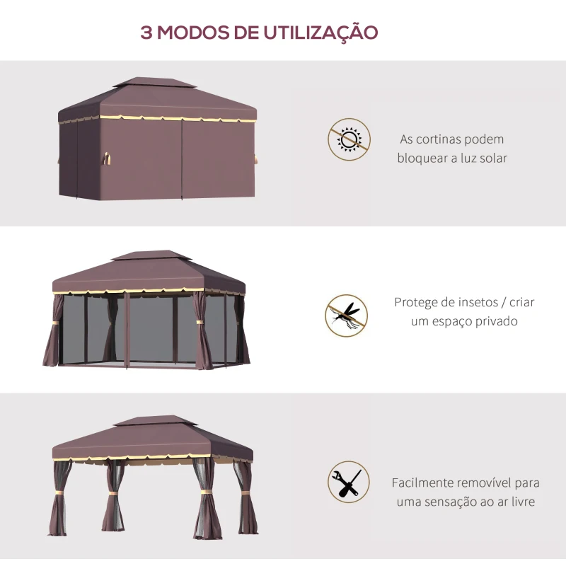 Outsunny Pérgola de Jardim 3,9x2,9m Pérgola de Alumínio com Teto de Ventilação 4 Cortinas Laterais Tela Mosquiteira e 8 Orifícios de Drenagem para Exterior Pátio Festas Marrom