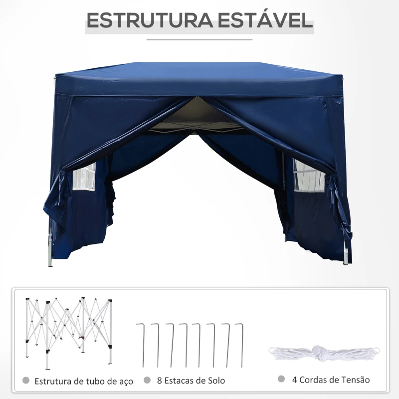 Outsunny Tenda de Jardim com Paredes Laterais Amovíveis Janelas Porta com Zíper e Bolsa de Transporte 295x295x195-258 cm Azul