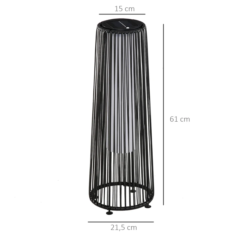 Outsunny Tuinlamp, Buitenlamp op Zonne-energie, 8 Uur Bedrijfstijd, Rotanlook, Zwart, 21,5 x 21,5 x 61 cm(m-3)